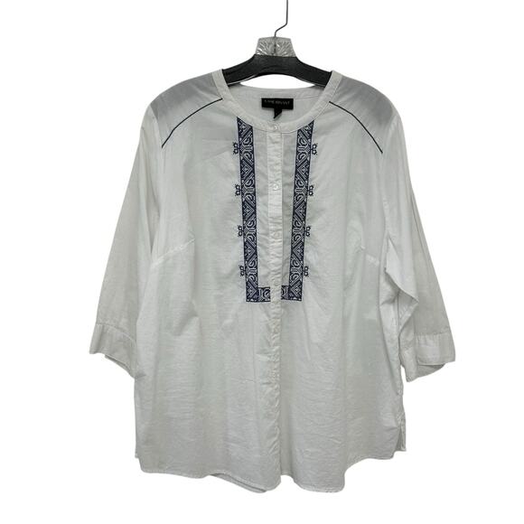 Lane Bryant White Navy Cotton Embroidered Button Up Shirt Womens 18/20 - Picture 1 of 5